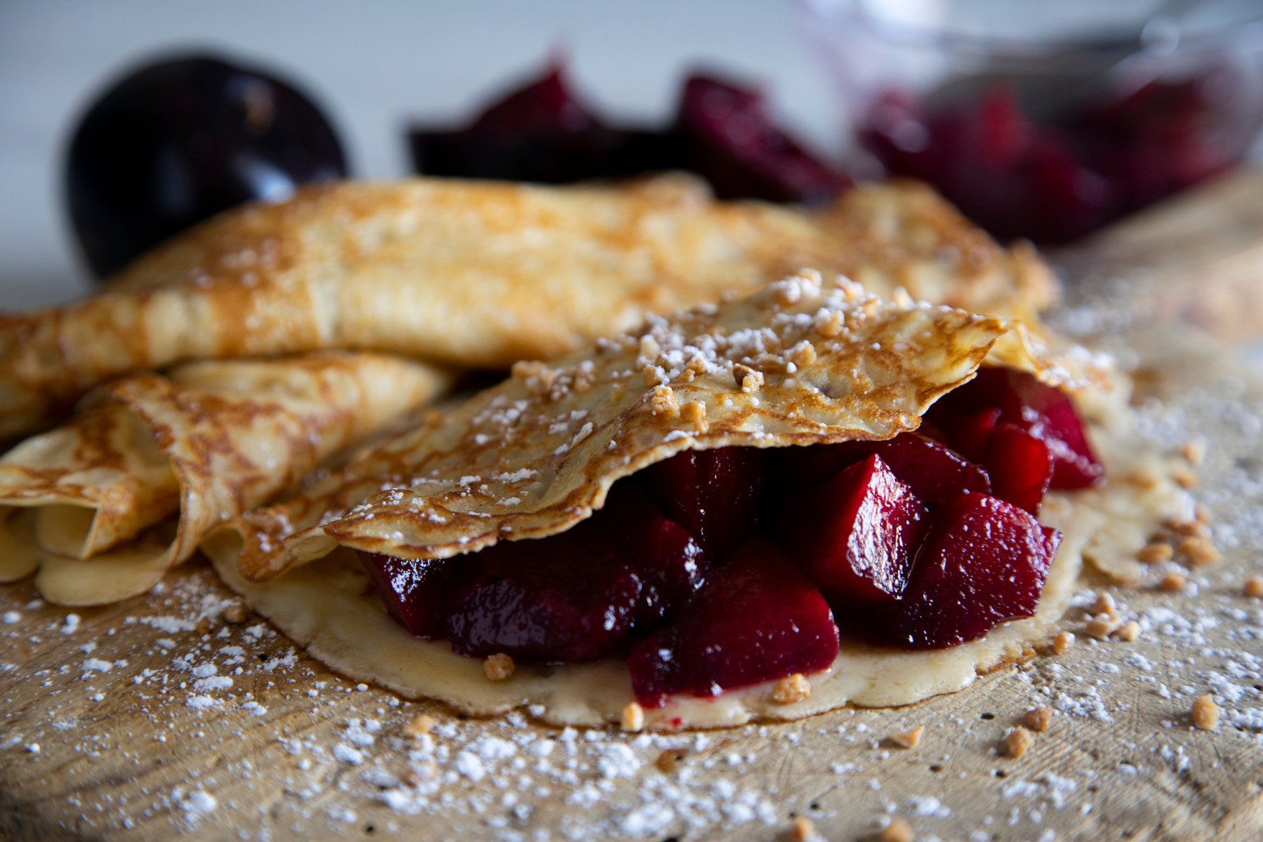 French crepes with fresh plum